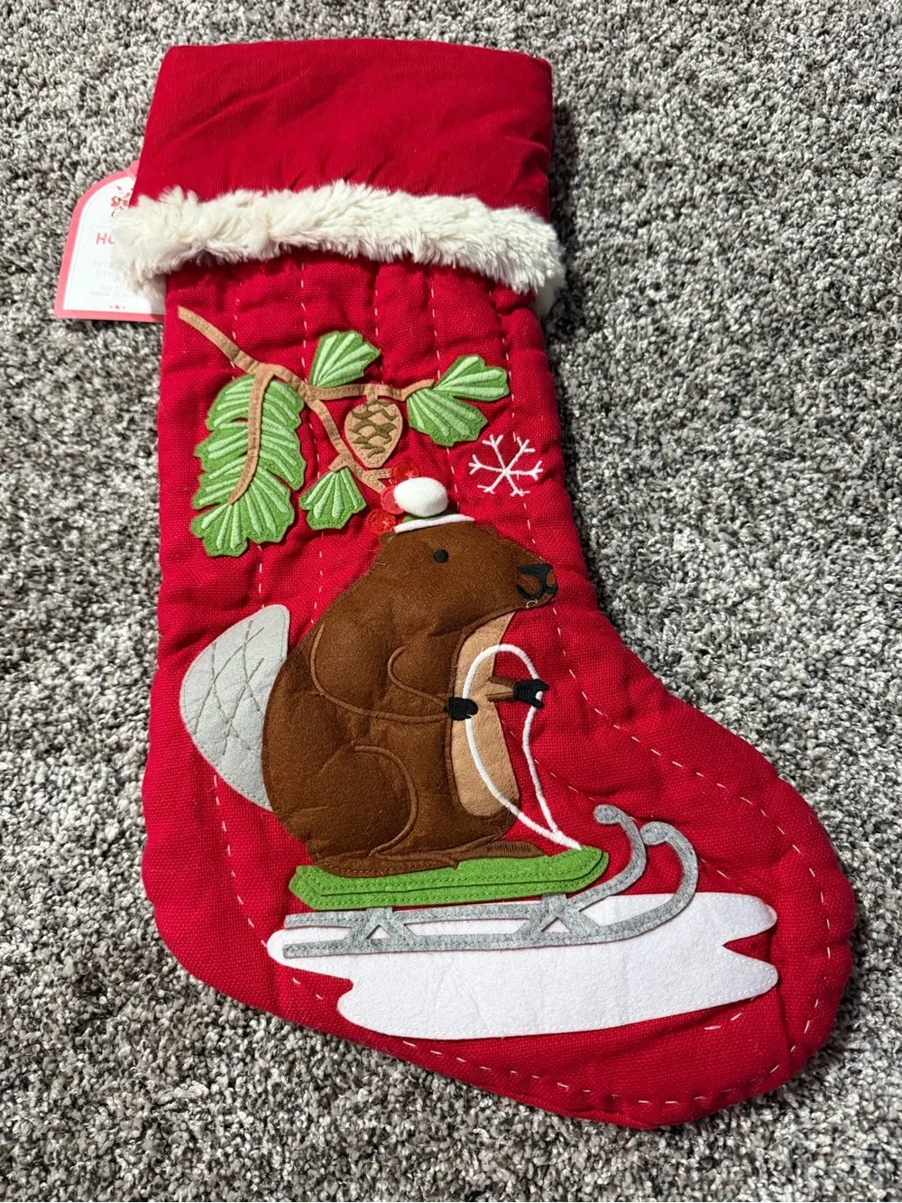 Pottery Barn kids Holiday Beaver sledding Stocking with Faux Fur Trim